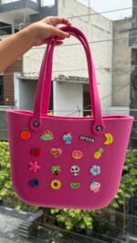 Pink Crocs-Style EVA Tote Bag with Charms